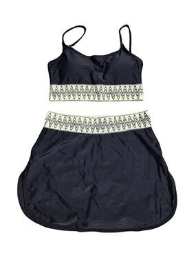 NWOT | Black Smocked Tankini Set with High Waisted Swim Skirt Zig Zag Trim | Sma